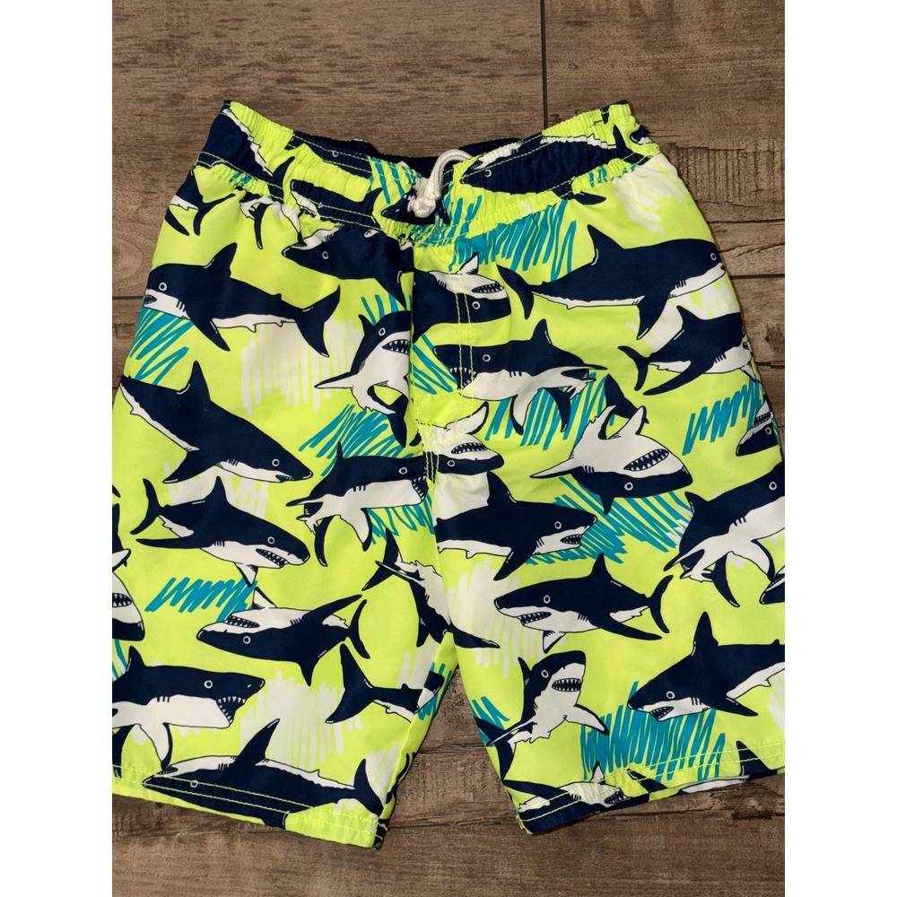 OshKosh Bgosh Boys Shark Print Swim Trunks Neon Yellow Navy Blue Size 8